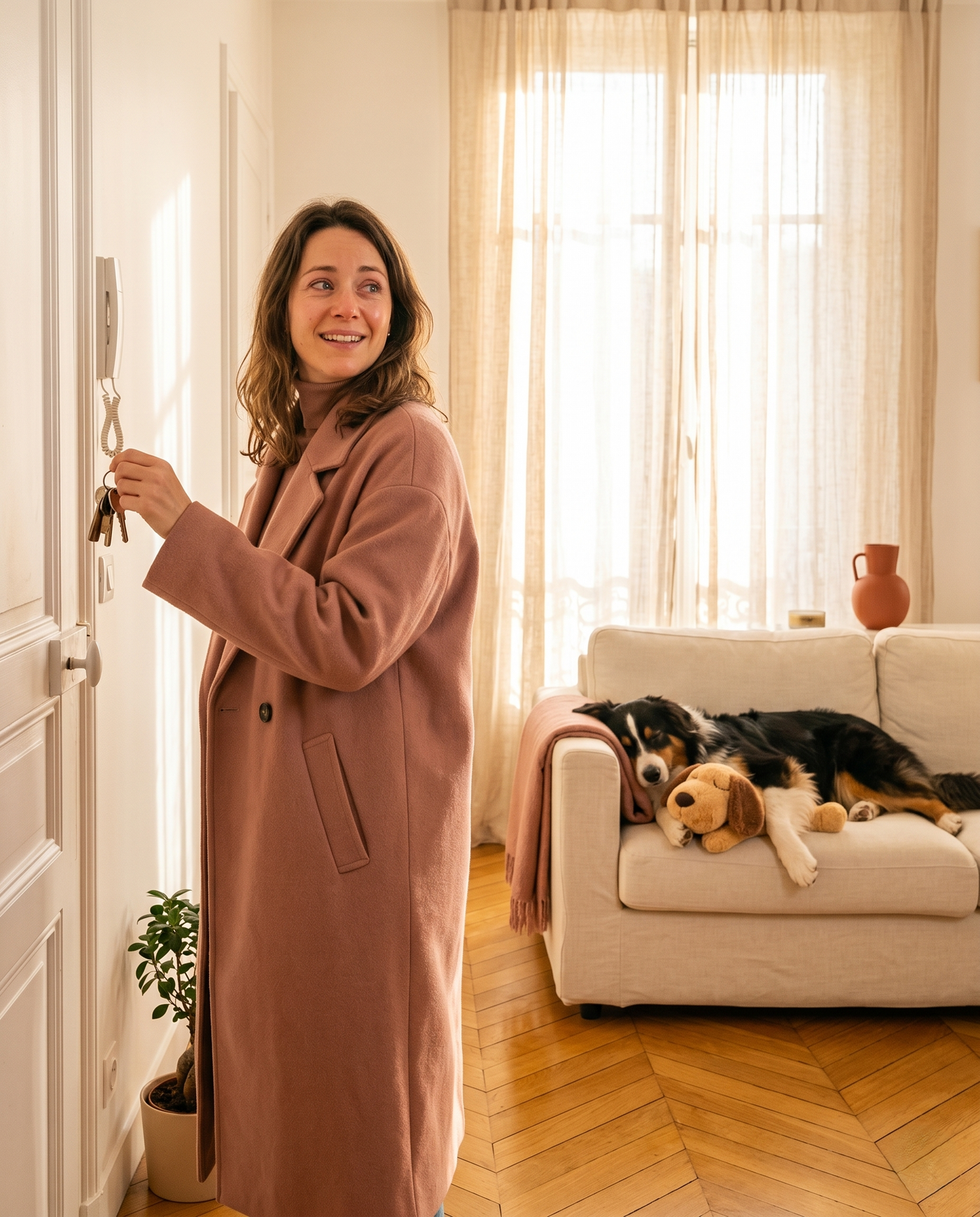 Le chien lové et apaisé contre la peluche — le cœur reste caché, tourné vers l'intérieur