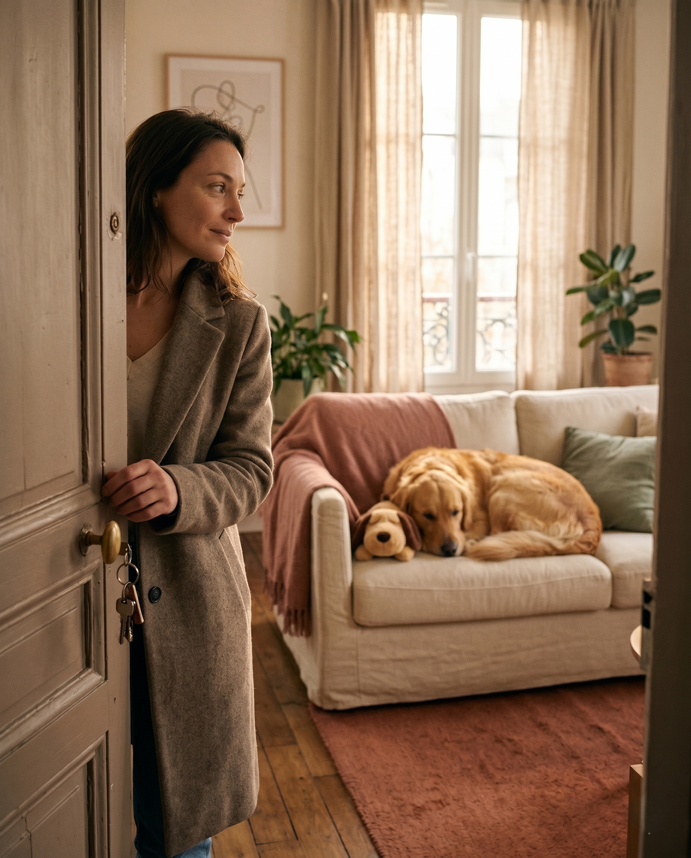 Le chien lové contre la peluche, lumière dorée
